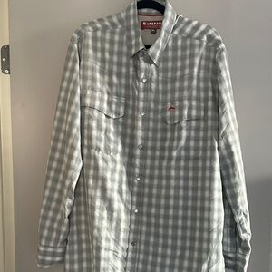 Simms Light Gray / Olive Green Plaid Men's Pearl Snap Fishing Shirt